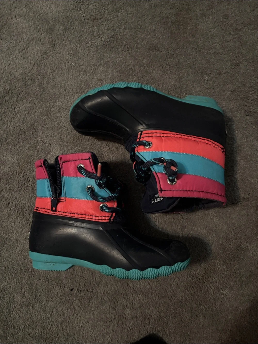 Sperry Kids Navy Blue Duck Rain/Snow Boots with Teal and Pink Accents